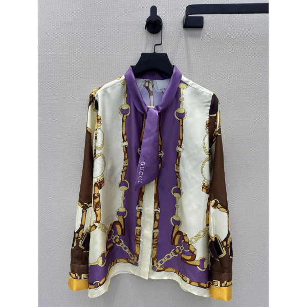 G 체인스트랩 디테일 플라워 프린트 실크 롱슬리브 셔츠