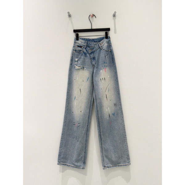 그래피티 프린트 찢어진 스트레이트 데님 팬츠