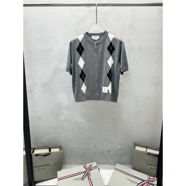 니트 다이아몬드 체크 오픈 카디건 숏슬리브