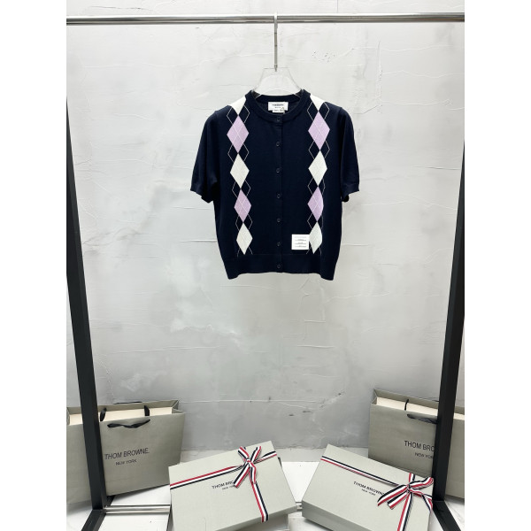 니트 다이아몬드 체크 오픈 카디건 숏슬리브