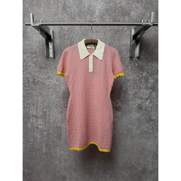 슬림핏 숏 폴로 칼라 FF 패턴 피스 컬러 숏 슬리브 원피스