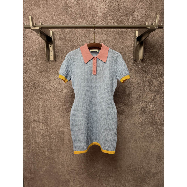 슬림핏 숏 폴로 칼라 FF 패턴 피스 컬러 숏 슬리브 원피스