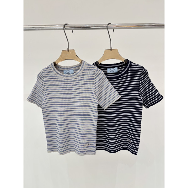 라운드넥 삼각 스트라이프 컬러블록 니트 숏슬리브