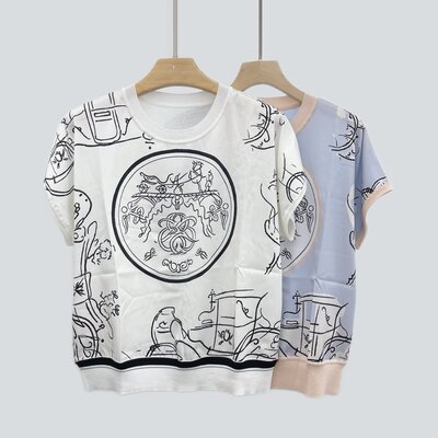 에르메스 트윌 실크 프린트 라운드넥 반팔 티셔츠